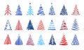Hand drawn doodle christmas tree set. Red blue color sketch style holiday trees. Royalty Free Stock Photo